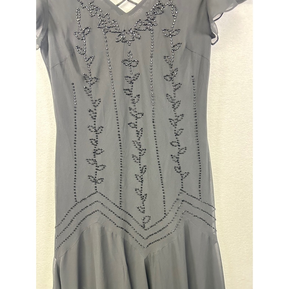 SL Fashions Black Beaded Criss Cross Back Flutter Sleeve Midi Dress Size 10 - Picture 4 of 9